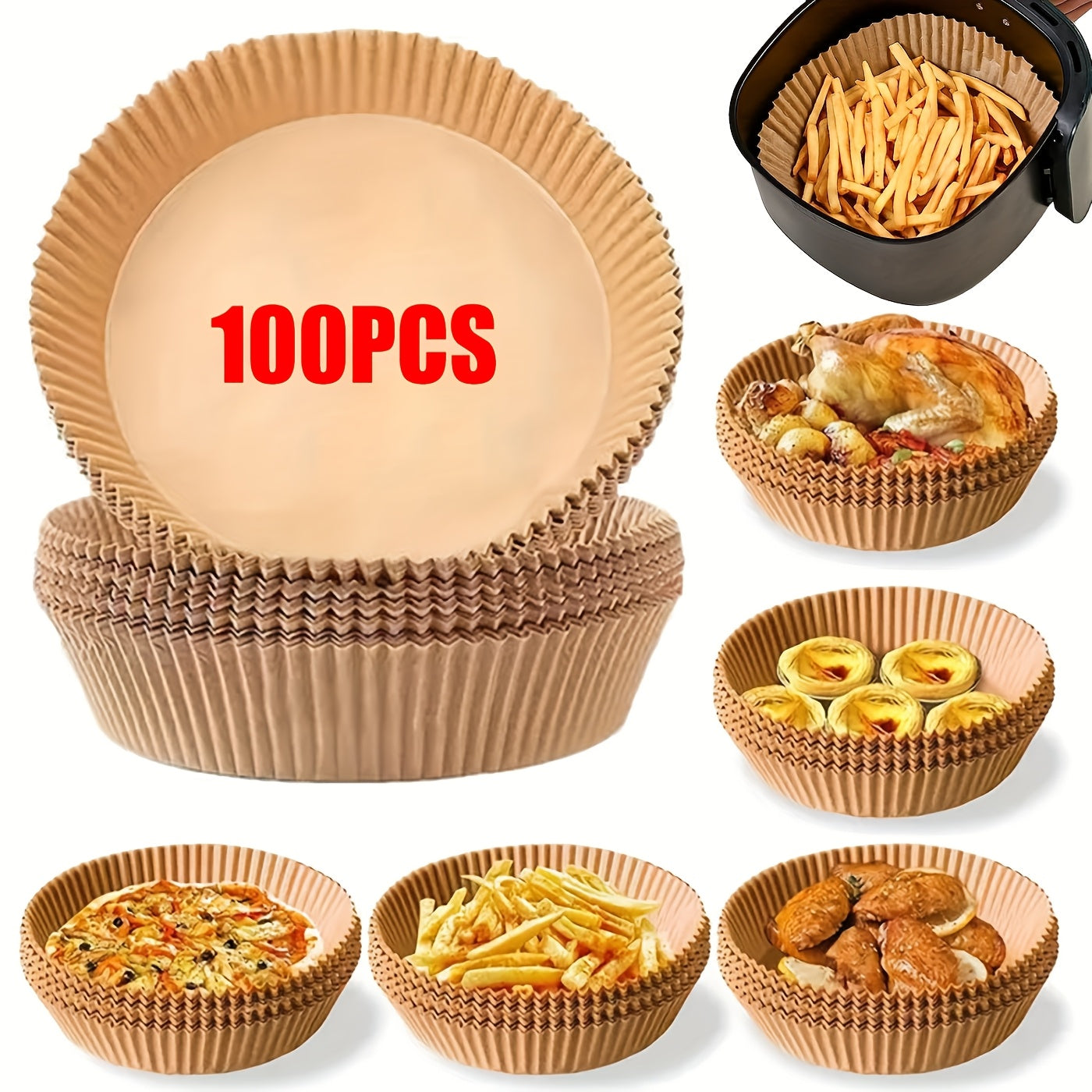 100 Nonstick Air Fryer Liners - 7.9 Inch Round, Disposable, Unbleached, Grease Resistant Baking Paper for 5-8 Quart Baskets - Easy Cleaning And Healthier Cooking Father Gift