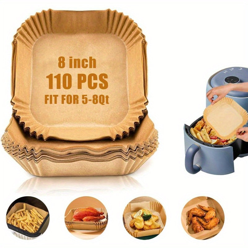 110pcs of Non-Stick, Oil-Resistant Parchment Paper for Air Fryers, 8-Inch Disposable Square Baking Sheets.