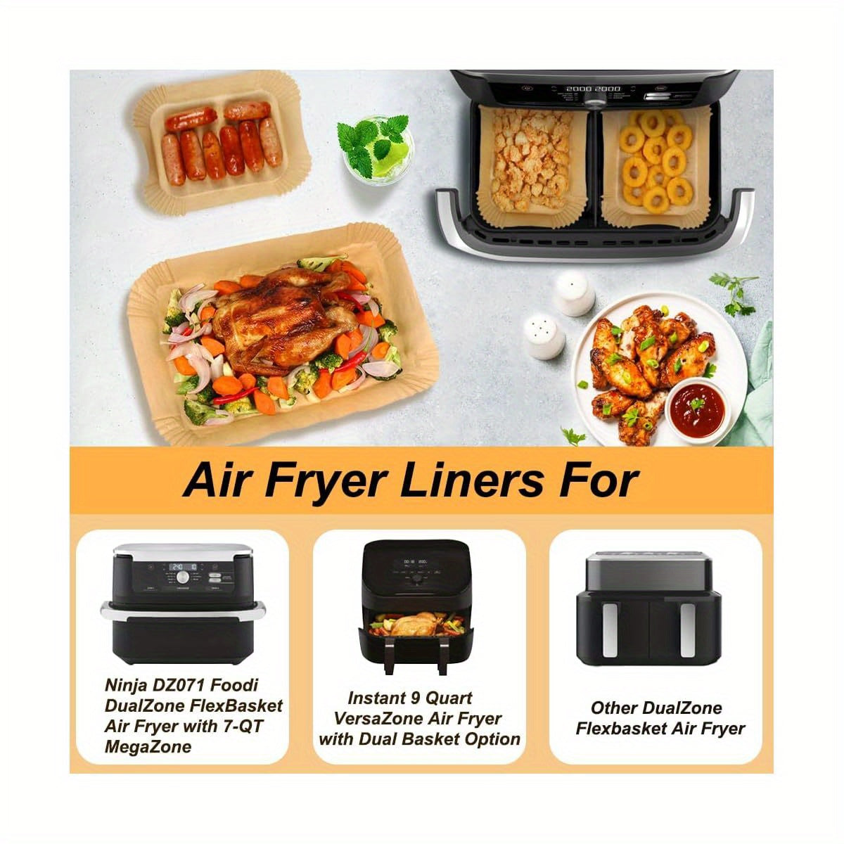 150pcs Ninja DZ071/Instant 9 Qt Dual Zone Air Fryer Liners - Non-Stick Parchment Paper with Grease-Proof Design, Heat Safe to 450°F, Compatible with Ninja Foodi & Instant Pot Air Fryer Oven, Disposable for Easy Cleaning, Baking, Frying, Steaming -
