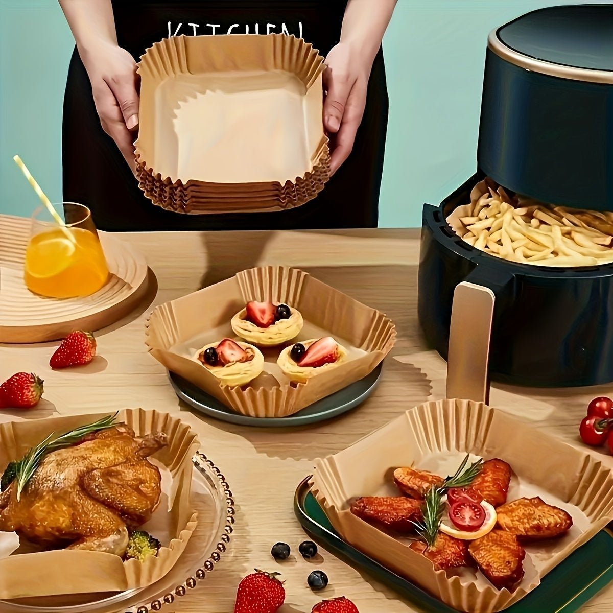 100/200/300/400pcs Non-Stick Air Fryer Liners - Brown Paper Sheets for Baking, Roasting And Microwaving - Easy to Clean, Healthier Cooking, Great for Home And Commercial Kitchens, Air Fryer Accessories