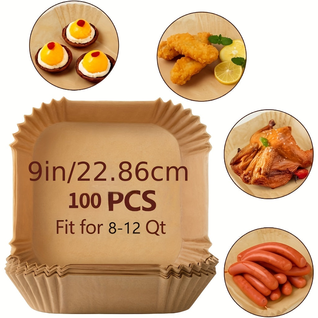 100 9-inch Square Air Fryer Parchment Liners - Natural Unbleached Wood Parchment, Suitable For 5-8 Quart Air Fryers, Non Stick, Suitable For Christmas, Halloween, Easter, Thanksgiving