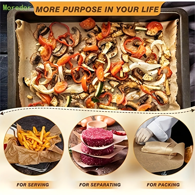 MOREDOR 100 Pre Cut Non Stick Unbleached Baking Paper 9x13 Inches - Reusable Baking Paper Suitable for Ovens, Barbecues, Air Fryers, And Steaming | Natural Brown for Most Cookies And Plates | Heat-resistant Paper