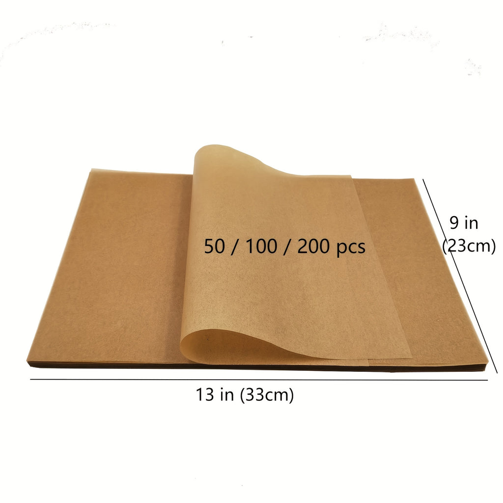 MOREDOR 100 Pre Cut Non Stick Unbleached Baking Paper 9x13 Inches - Reusable Baking Paper Suitable for Ovens, Barbecues, Air Fryers, And Steaming | Natural Brown for Most Cookies And Plates | Heat-resistant Paper