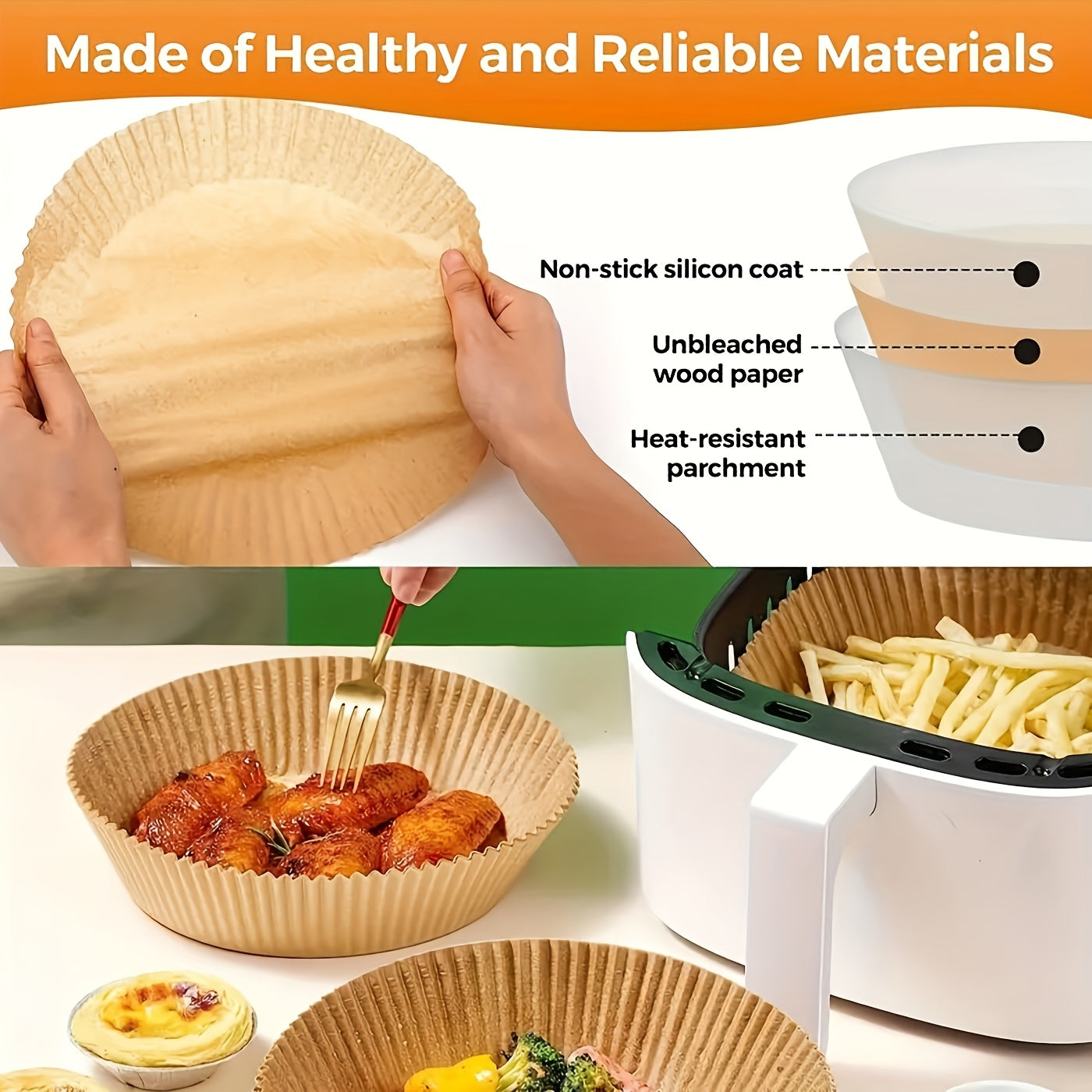 100 Nonstick Air Fryer Liners - 7.9 Inch Round, Disposable, Unbleached, Grease Resistant Baking Paper for 5-8 Quart Baskets - Easy Cleaning And Healthier Cooking Father Gift