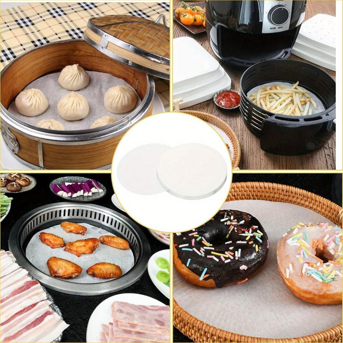 100 Sheets 8" & 6" Round Parchment Paper Sheets - Non-Stick Disposable Baking Liners for Pizza Maker, Tortilla Press, Air Fryer, Cake Making - Precut Sheets for Easy Cleanup, Perfect for Cookies, Pastries, and More, Baking Essentials|Round Parchment