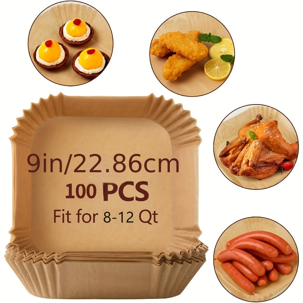 A Pack of 100/200 Square Parchment Paper Liners, Suitable for 9 Inch Air Fryers, Designed for 5-8 Liter Air Fryers, Featuring Non-Stick And Waterproof Properties.